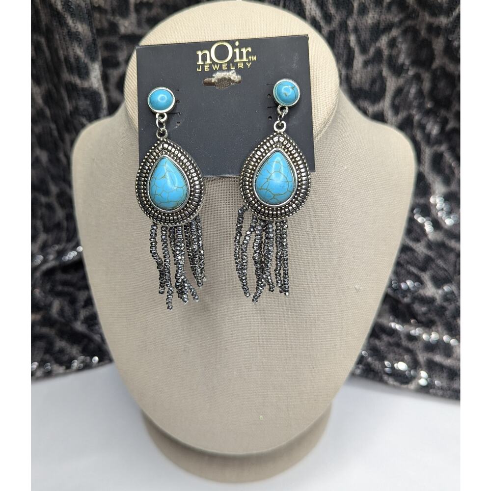nOir Turquoise Earrings Teardrop Dangle Metal Fringe